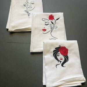 Embroidered Face Towels with Red Rose Design